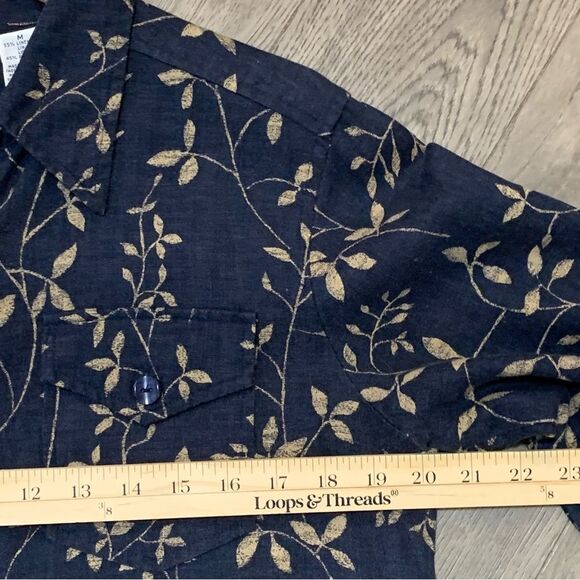 LIZ CLAIBORNE Liz-sport Linen Blend Shirt Women Medium Navy Blue Tan Leaf. - Picture 9 of 12